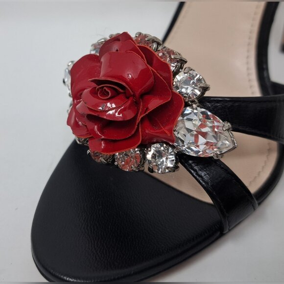 NWOT Prada Women's Black Red Rose Crystals Slingback Sandals Heels 39 EU 9 US - Picture 5 of 15